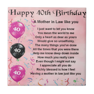 Mother in Law Poem - 40th Birthday Tile