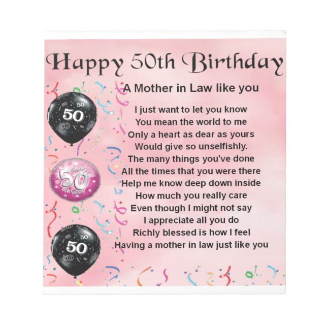Mother in Law Poem  -  50th Birthday Notepad (Front)