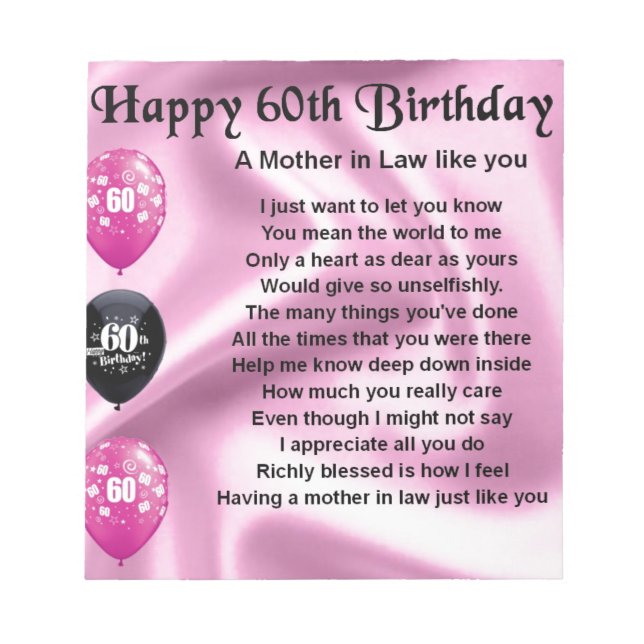 Mother in Law Poem - 60th Birthday Notepad (Front)