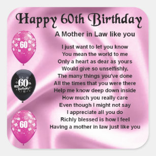 Mother in Law Poem - 60th Birthday Square Sticker