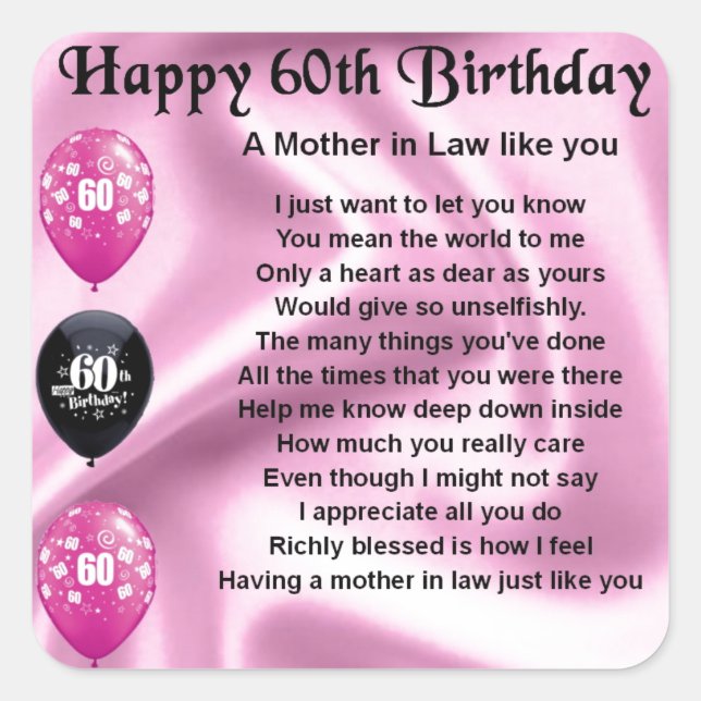 Mother in Law Poem - 60th Birthday Square Sticker (Front)