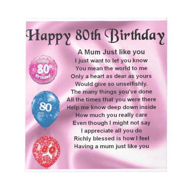 Mother in Law Poem - 80th Birthday Notepad (Front)