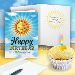 Mother in Law Yellow Orange Cute Sun  Birthday Card<br><div class="desc">Make your Mother-in-Law feel special on her birthday by sending her this cheerful smiling decorative Yellow and orange sun floating in the blue sky with clouds. Inside text says "The sun started shining just a little brighter on the day you were born."</div>