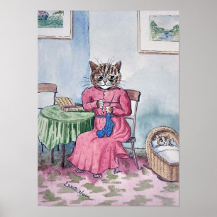 Mother Knitting with Kitten in Cradle, Louis Wain Poster