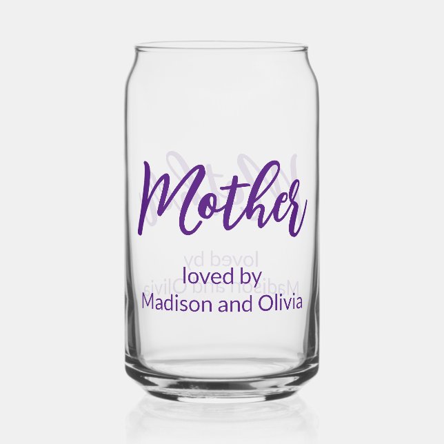 Mother Loved By Children's Names Purple Script Can Glass (Front)