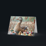 Mother Mallard Duck With Ducklings for Birthday Card<br><div class="desc">A serene pond scene features a mother mallard duck surrounded by her ducklings,  each nestled in colourful floating rings among tall cattails.
The inside text can be changed.</div>