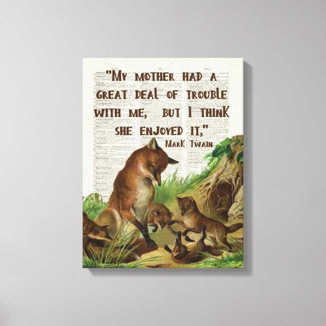 Mother Mark Twain Fox Art Antique Dictionary Pages Canvas Print (Front)