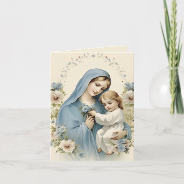 Mother Mary Baby Jesus Florall Religious Thank You Card (Front)