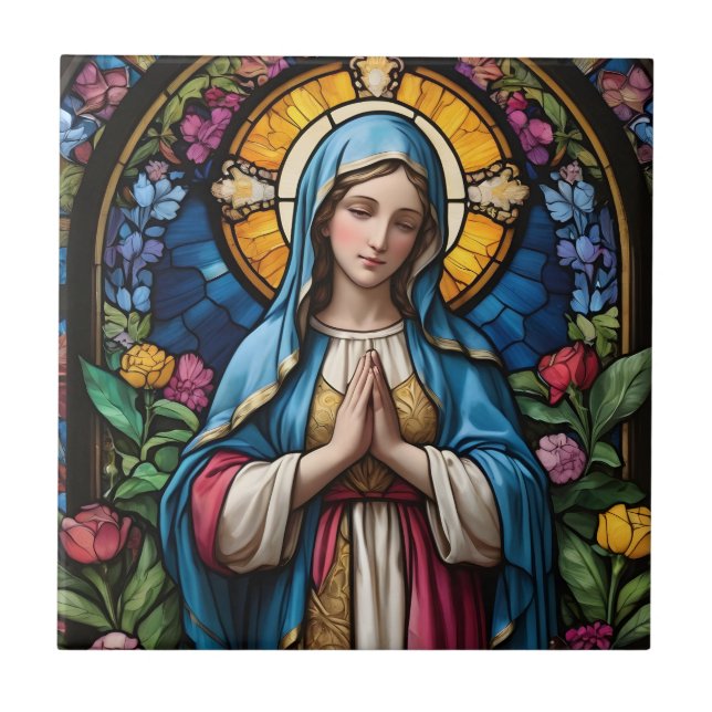 Mother Mary Colourful Stained Glass Virgin Mary Tile (Front)