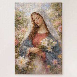 Mother Mary Floral Watercolor Grace Devotion Gift Jigsaw Puzzle