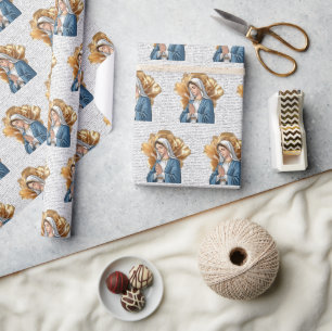 Mother Mary Gold Floral Halo Catholic Christian  Wrapping Paper