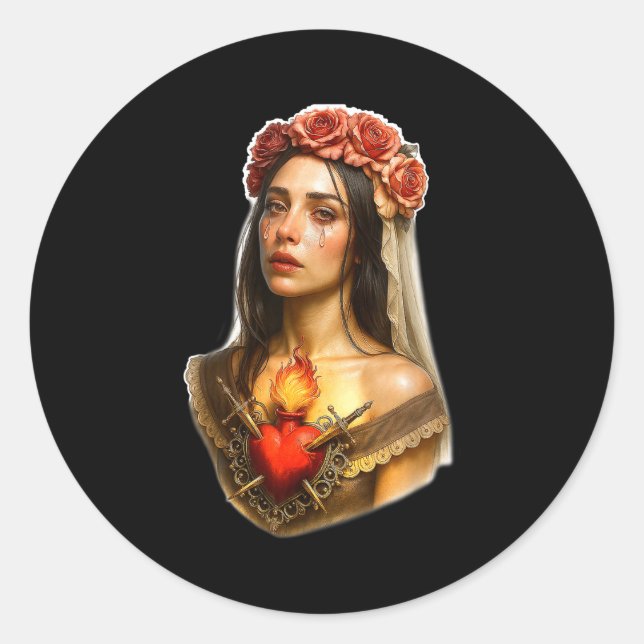 Mother Mary Sacred Heart Cry  Classic Round Sticker (Front)