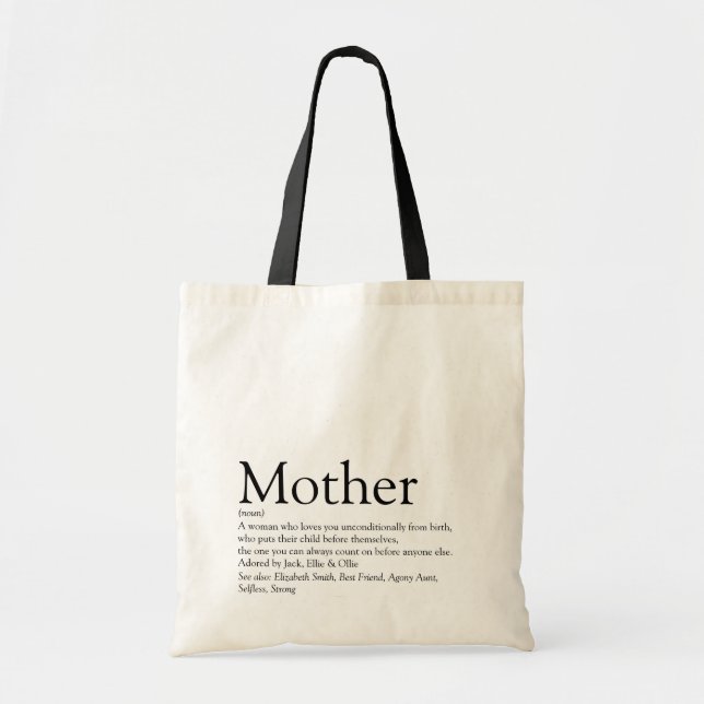 Mother Mum Definition Quote Black and White Tote Bag (Front)
