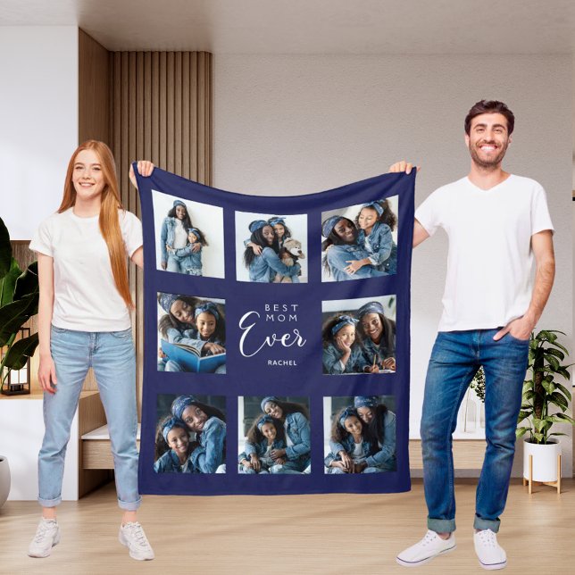 Mother mum photo collage navy blue fleece blanket (Creator Uploaded)