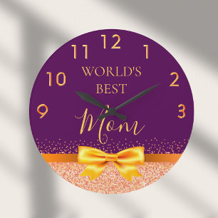 Mother mum purple gold bow large clock