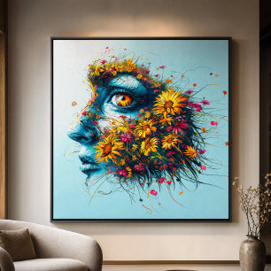 Mother Nature Teal Woman Face Colorful Wildflowers Canvas Print