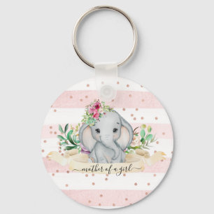 Mother of a Girl - Baby Elephant and Flowers Key Ring