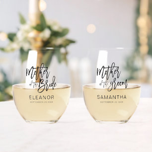 Mother of Bride & Groom Gifts Name Date Wedding Stemless Wine Glass