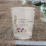 Mother of Bride Wildflower Country Floral Wedding Shot Glass<br><div class="desc">Personalised shot glass for you to customise for the Mother of the Bride including the bride and groom's names and the wedding date. This rustic country botanical design has a pretty bouquet of wildflowers including daisy poppy and cornflower, coneflower and seed head. An elegant modern floral with bohemian garden theme....</div>
