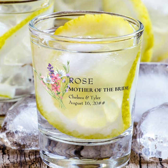 Mother of Bride Wildflower Meadow Wedding Favour Shot Glass (Keepsake shot glass for the mother of the bride or groom with bouquet of wildflowers)