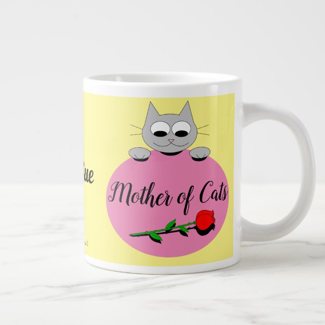 Mother of Cats Cute Grey Cat with Red Rose Large Coffee Mug (Right)