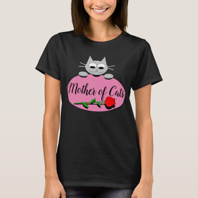 Mother of Cats with Red Rose Cat Lover Black T-Shirt (Front)