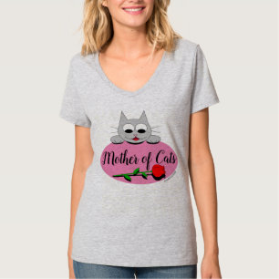 Mother of Cats with Red Rose Cat Lover V Neck T-Shirt