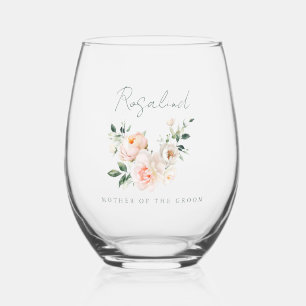 Mother of Groom Blush Pink Peony Watercolor Floral Stemless Wine Glass
