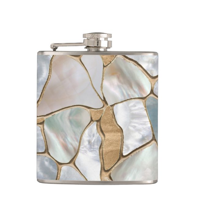 Mother of pearl and Gold cells abstract Hip Flask (Front)