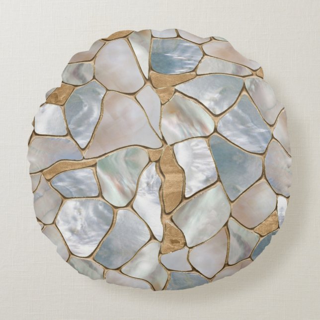 Mother of pearl and Gold cells abstract Round Cushion (Front)