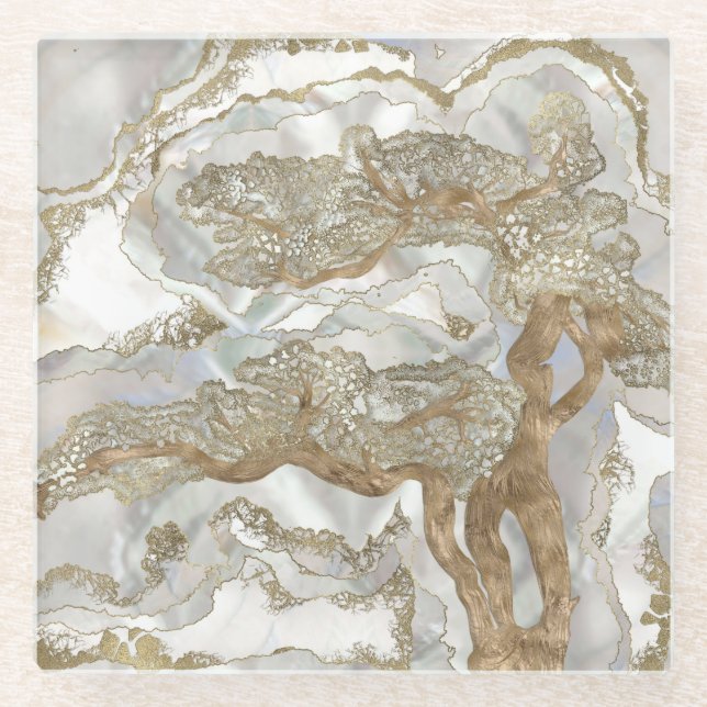 Mother of pearl Golden Tree Glass Coaster (Front)