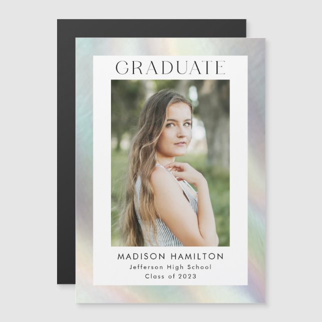 Mother of Pearl Holographic Photo Graduation\ Magnetic Invitation (Front/Back)
