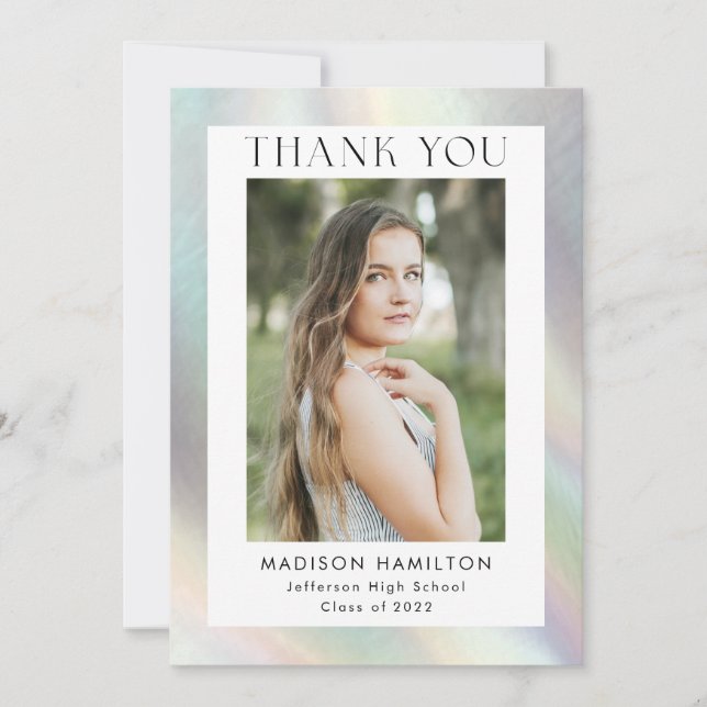 Mother of Pearl Holographic Photo Graduation Thank You Card (Front)