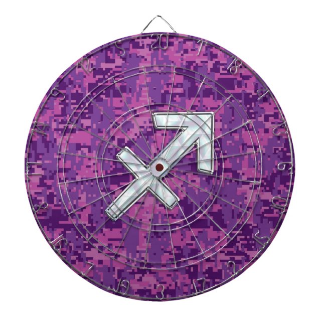 Mother of Pearl Sagittarius Symbol Fuchsia Camo Dartboard (Front)