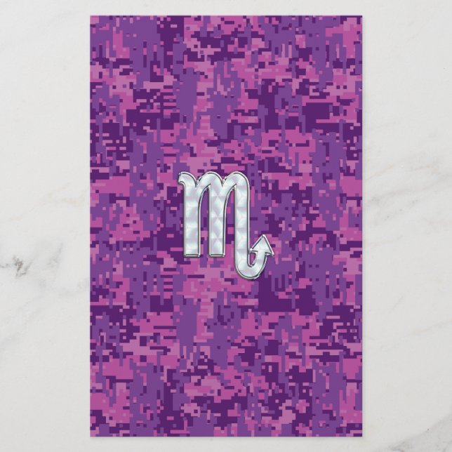 Mother of Pearl Scorpio Zodiac Pink Digital Camo Stationery (Front)