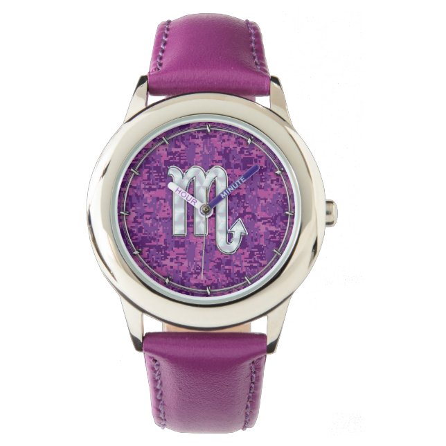 Mother of Pearl Scorpio Zodiac Pink Digital Camo Watch (Front)