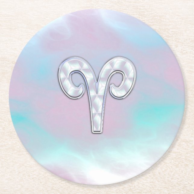 Mother of Pearl Style Aries Zodiac Symbol Round Paper Coaster (Front)