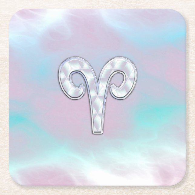 Mother of Pearl Style Aries Zodiac Symbol Square Paper Coaster (Front)