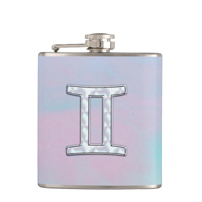 Mother of Pearl Style Gemini Zodiac Symbol Hip Flask (Front)