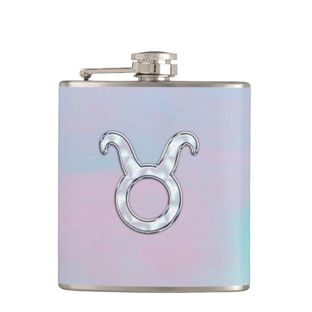 Mother of Pearl Style Taurus Zodiac Horoscope Hip Flask (Front)