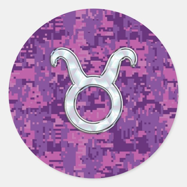 Mother of Pearl Taurus Zodiac Sign on Digital Camo Classic Round Sticker (Front)