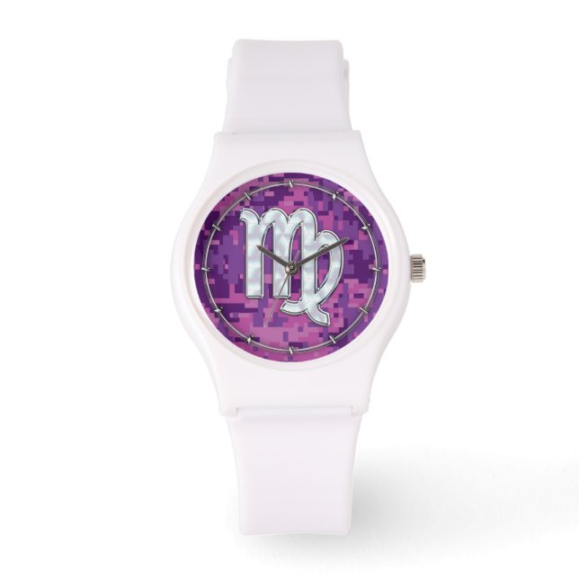 Mother of Pearl Virgo Zodiac on Pink Digital Camo Watch (Front)