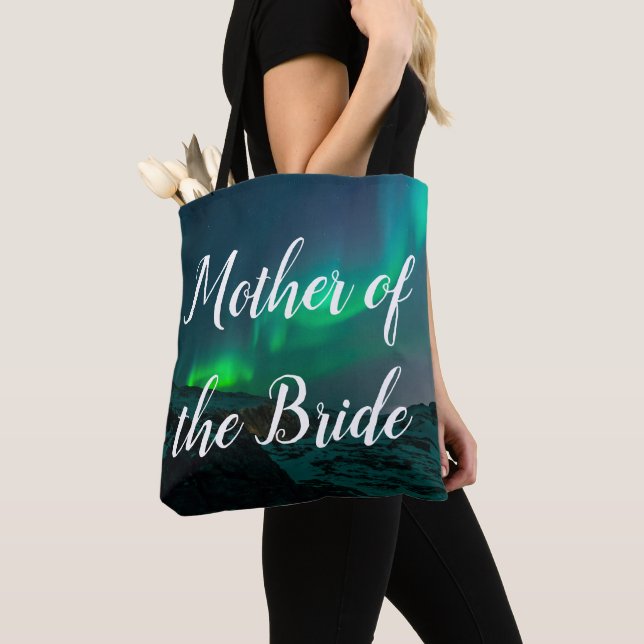 Mother of the Bride Aurora Lights Script Wedding Tote Bag (Close Up)