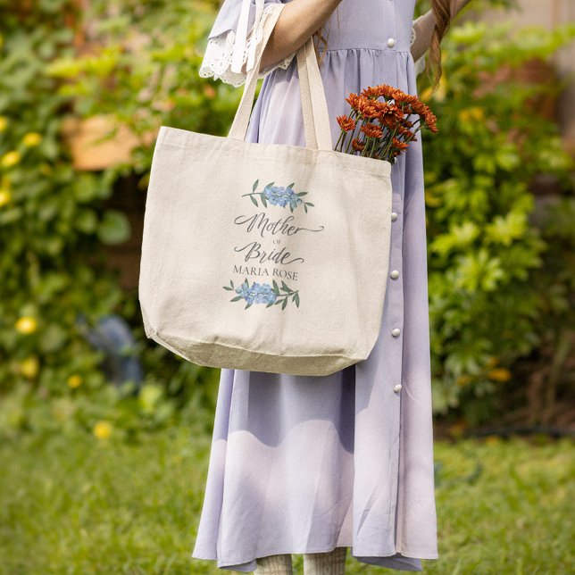 Mother of the Bride Blue Floral Personalised Large Tote Bag (Mother of the bride personalized tote bag.)