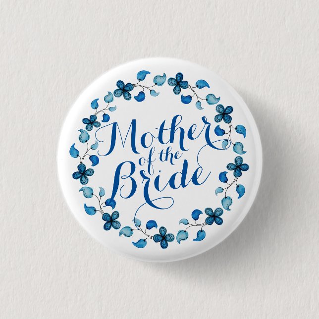 Mother of the Bride Blue Floral Wedding Button (Front)