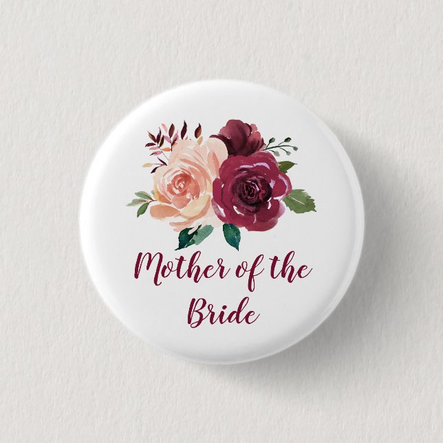 Mother of the Bride Blush Burgundy Floral 3 Cm Round Badge (Front)