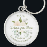 Mother of the Bride Chic Ivory Peach Roses Wedding Key Ring<br><div class="desc">This keychain is designed as a gift or favour for the mother of the bride. It features an elegant hand painted watercolor floral design with a bouquet of ivory peach coloured roses, eucalyptus leaves and foliage, with a white banner across the centre reading: Mother of the Bride in fancy moss...</div>