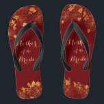 Mother of the Bride Dark Burgundy & Gold Foliage Flip Flops<br><div class="desc">These gorgeous Mother of the Bride Dark Burgundy and gold foliage flip flops have a dark burgundy background that is adorned with an intricate gold floral greenery pattern and customisable modern typography. The combination of the rich burgundy and the shimmering gold create an elegant and luxurious aesthetic. It's a beautiful...</div>