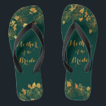 Mother of the Bride Emerald Green & Gold Foliage Flip Flops<br><div class="desc">These gorgeous Mother of the Bride emerald green and gold foliage flip flops feature golden foliage pattern and modern typography on timeless dark green background. It's a beautiful gift for your bridal party. View the collection on this page to find matching items. ♥Customise it with your information. ♥ If you...</div>