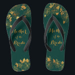 Mother of the Bride Emerald Green & Gold Foliage Flip Flops<br><div class="desc">These gorgeous Mother of the Bride emerald green and gold foliage flip flops feature golden foliage pattern and modern typography on timeless dark green background. It's a beautiful gift for your bridal party. View the collection on this page to find matching items. ♥Customise it with your information. ♥ If you...</div>